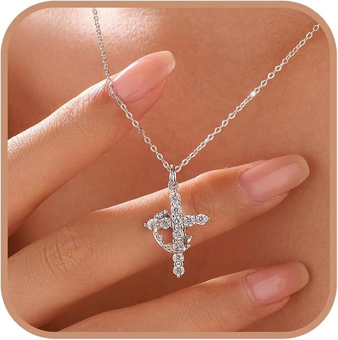 925 Sterling Silver Cross with Crown Necklace for Women