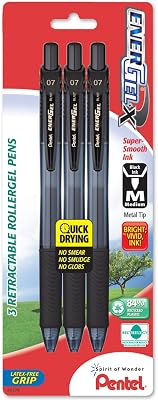 Pentel EnerGel-X Retractable Liquid Gel Pen, 0.7mm, Medium Line, Metal Tip, Black Ink, 3 Pack BL107BP3A