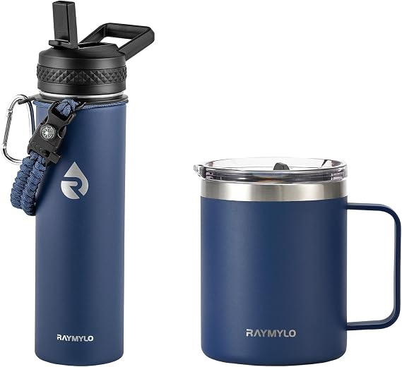 RAYMYLO Insulated Water Bottle 20oz (Navy Blue) + Insulated Coffee Mug 12oz (Navy Blue)