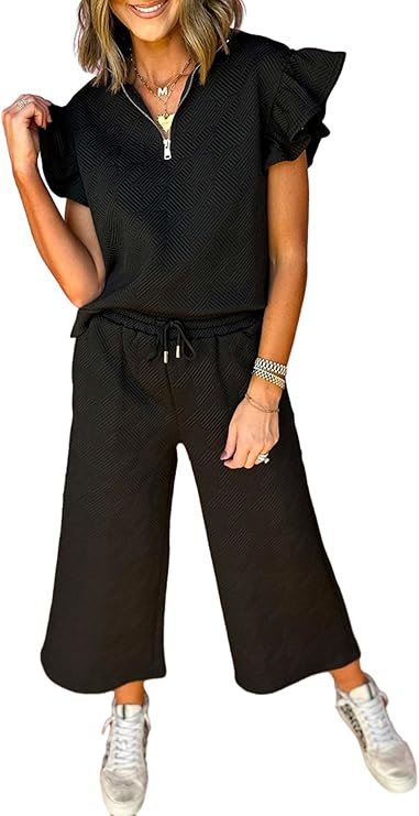 SHEWIN 2 Piece Sets Outfits for Women V Neck Collared Ruffle Short Sleeve Polo Shirts Quarter Zip Pullover Tops Lounge Set