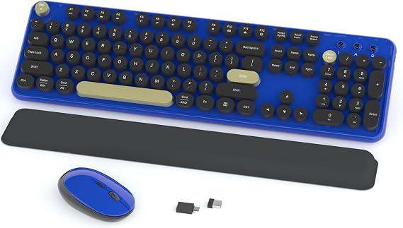 Links9+ Wireless Typewriter Keyboard and Mouse Combo (Jewel Blue-Black) | Full-Size Retro Round Keycaps, Clicky Typing, Ergonomic Design, Smart Auto-Sleep, Perfect for Office, Home and School