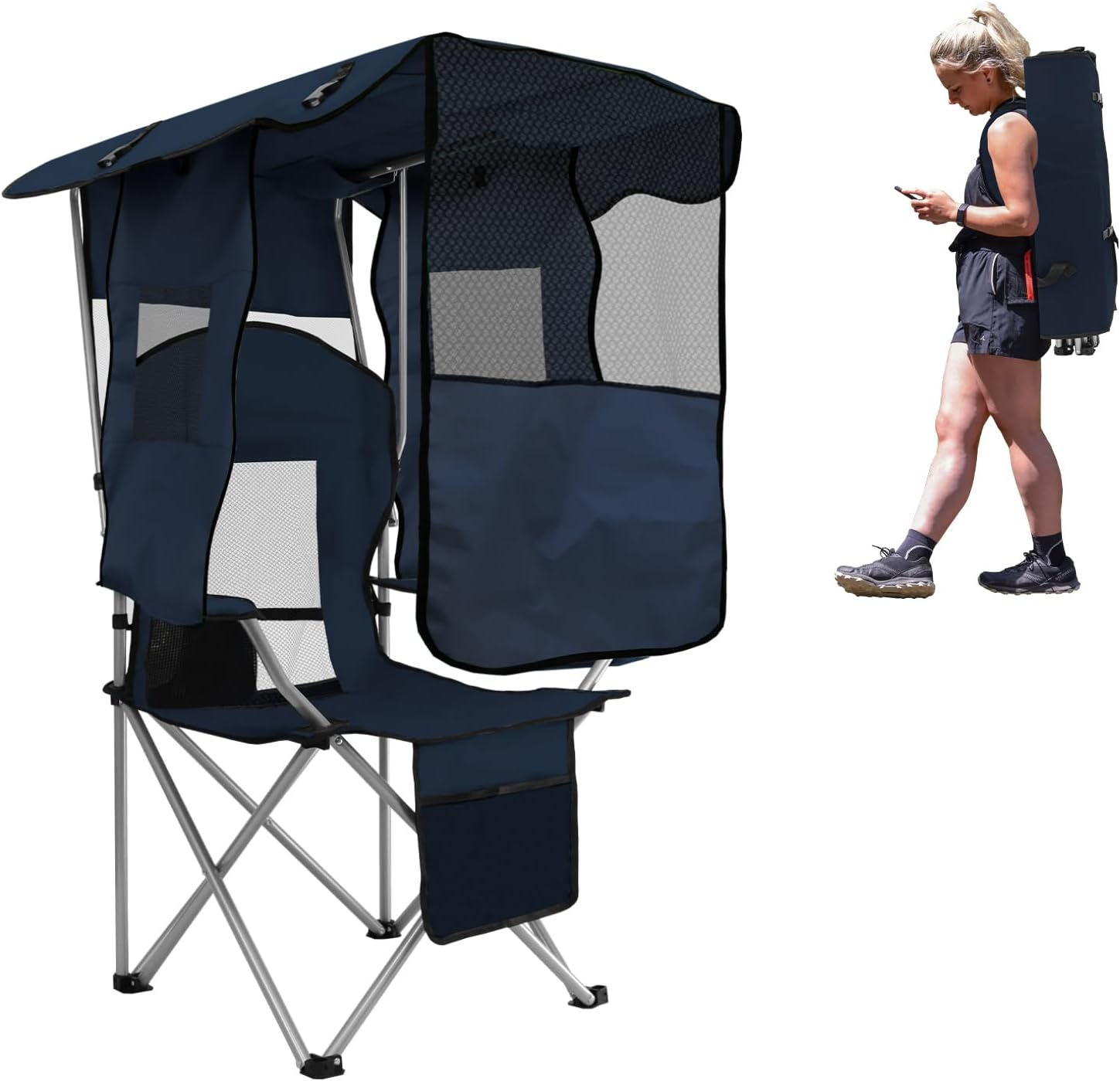 BESTHLS Camping Chair with Canopy Shade Portable Folding Beach Chairs with Cooler, Mesh Backrest, Cup Holder, and Pocket for Camping, Fishing, Beach, and Sports Navy
