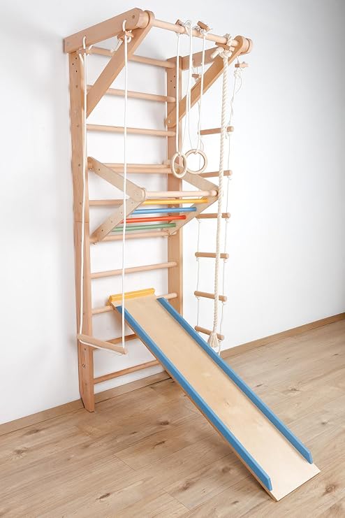 Swedish Ladder Wall Bars Sport-5-240-Color – Wooden Indoor Gym for Kids & Adults, Montessori Climbing Frame, Room Decor, Home Fitness Stall Bar with Pull-Up Bar, Rope Swing, Rings,