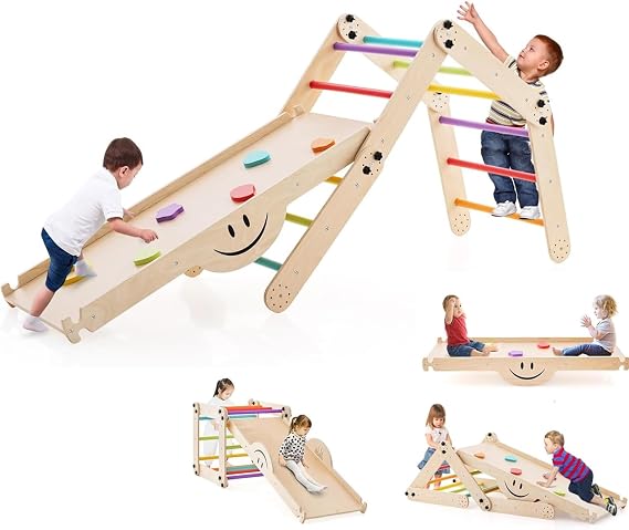 Costzon Climbing Toys for Toddlers, 10 in 1 Foldable Montessori Indoor Wooden Climber Ladder with Reversible Ramp, Multi-Combination Methods, Kids Triangle Climber Play Gym Set for Boys Girls Present