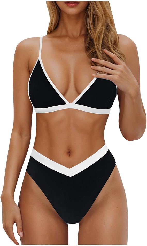Bikini Sets for Women Sexy High Waisted Colorblock 2 Piece Swimsuit High Cut Push up V Neck Summer Beach Bathing Suit