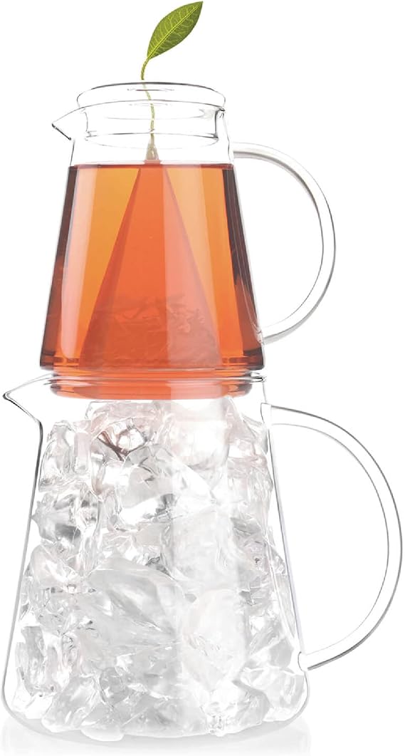 Tea Forte Tea Over Ice Steeping Pitcher Set, 2 Piece | Steeping Lidded Pitchers for Flash Chilled Iced Tea - Heat Resistant Glass - Dishwasher Safe - 24 oz