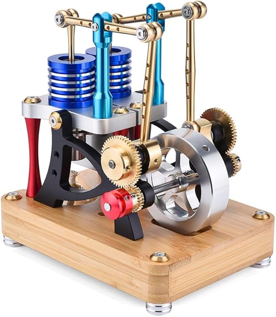 Stirling Engine Model, ENJOMOR Alpha-Type Dual-Cylinder Dual-Piston Hot Air Stirling Engine Generator Model Physics Science Education Kit