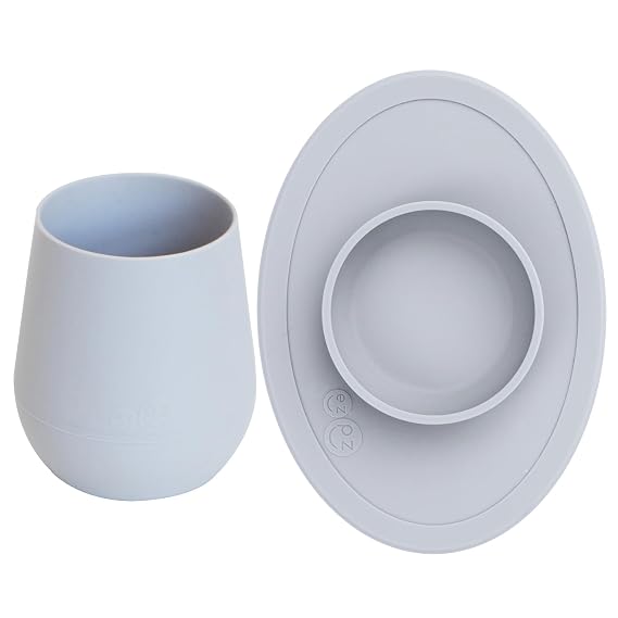 ezpz Tiny Cup (Pewter) + Tiny Bowl (Pewter) - baby essentials cup and bowl