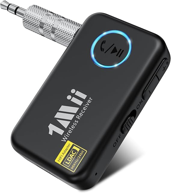 1Mii LDAC Bluetooth Aux Adapter for Car, Bluetooth Car Receiver | Volume Control, 10H Battery Life, Hands Free Calls, Wireless Audio Receiver for Home Stereo/Wired Headphones/Speaker