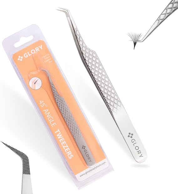 Glory Professional 45 Degree Angle Lash Tweezers for Eyelash Extensions, Precision Fiber Tip Diamond Grip Stainless Steel Lash Tool for Classic, Volume & Mega Volume Professional Lash Tech Supplies