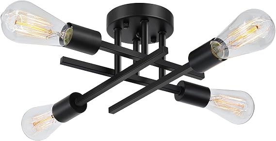 SunRider Industrial 4-Light Semi Flush Mount Ceiling Light Fixture, Modern Farmhouse Lights Matte Black, Rustic Sputnik Chandelier for Bedroom Foyer
