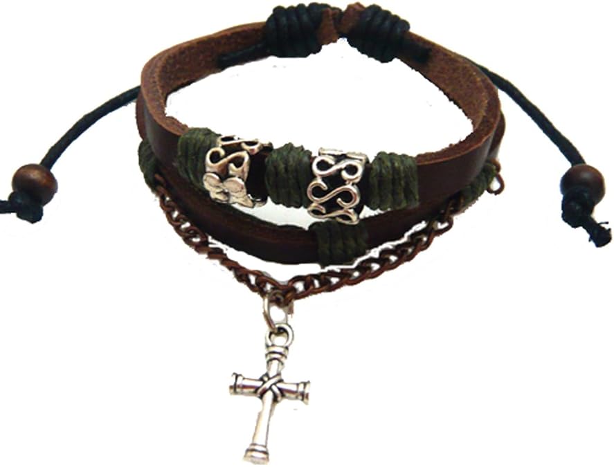 4030326 Christian Cross Religious Leather Bracelet Adjustable Size