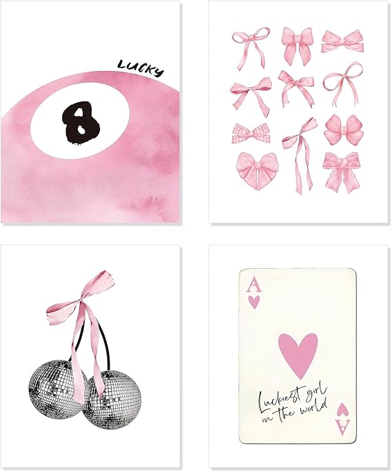 Pink Room Decor Aesthetic Wall Art Prints Poster, 8x10 Inch Canvas Prints Unframed Set of 4 Posters for Teen Girls Bedroom Dorm Decor