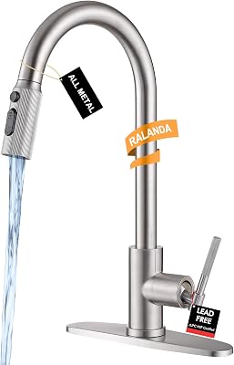 Brushed Nickel Kitchen Sink Faucet with Pull Down Sprayer- High Arc Stainless Steel Single Handle, 3-Spray Mode Metal Head for RV Camper Farm, Fit for 1 or 3 Hole with 10 Deck Plate