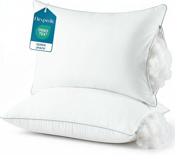 FP FLEXPEDIC Soft Queen Pillows Set of 2 - Fluffy Bed Pillows for Sleeping, Adjustable Down Alternative Fill, Zippered Plush Support, Hotel Quality, Oeko-TEX, Machine Washable, 110GSM Gray Piping