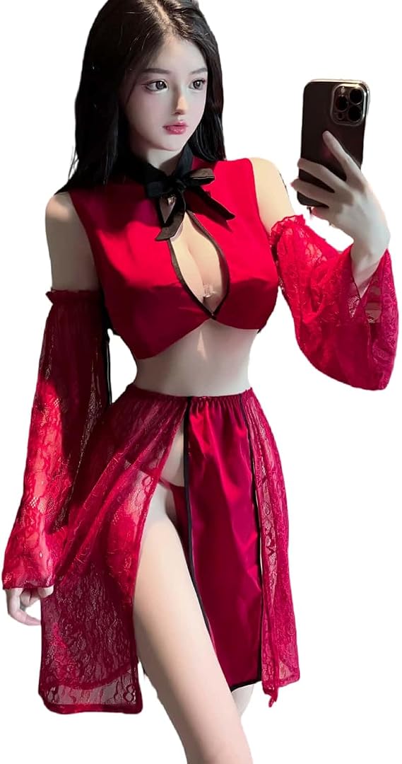 Women's Sexy Perspective Cheongsam Clothing Dress Collar Hollow Print Chinese Babydoll Classical Lingerie