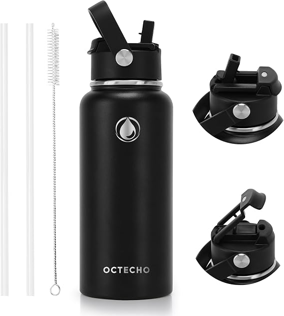 Insulated Water Bottle 950ml,Stainless Steel Water Bottle with Straw, 2-in-1 Leakproof Lid, Double Vacuum Metal Bottle for 12h Hot & 24h Cold Drinks, BPA Free-Black