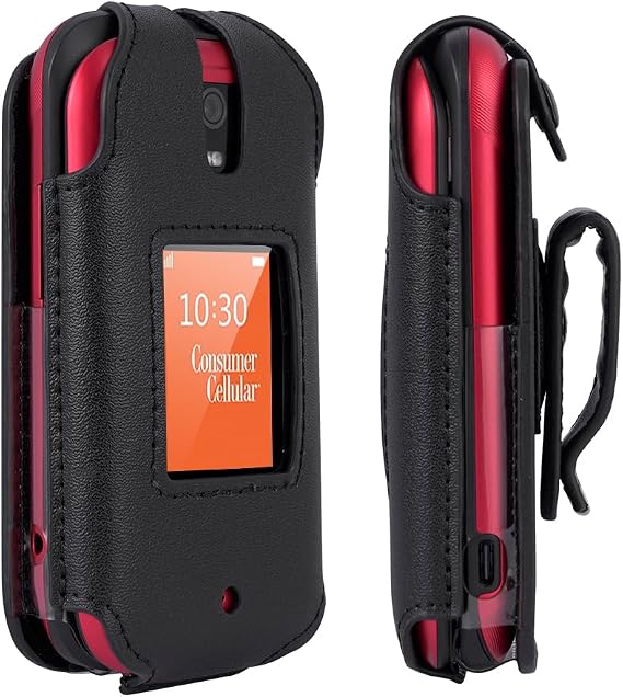 BELTRON Leather Case for Consumer Cellular Iris Flip Phone (2023) - Features: Secure Fit, Rotating Belt Clip, Screen & Keypad Protection (SH3320) - Black