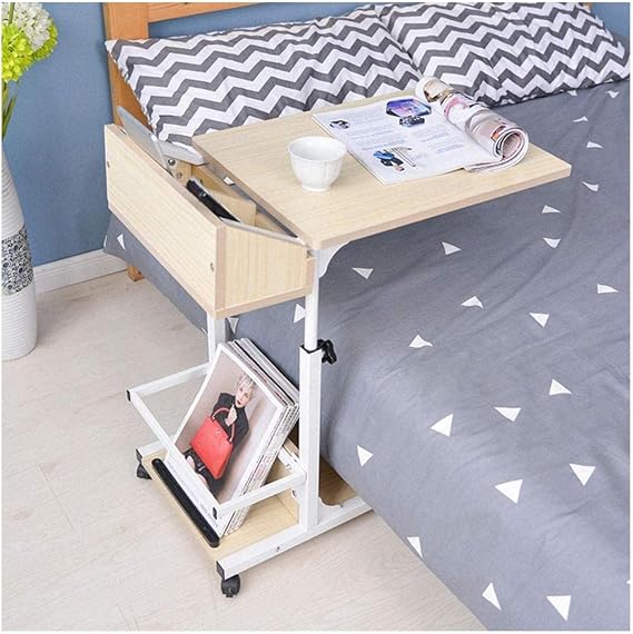 Overbed Table Bedside Rolling Table Adjustable Height C Shaped Side End Table with Lockable Wheels Overbed Table with Shelf for Small Space Lightweight
