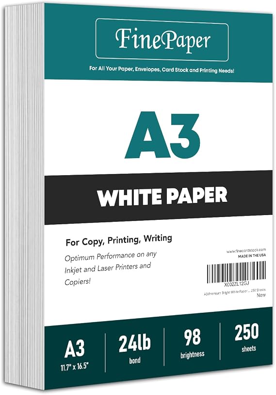 A3 Premium Bright White Paper Great for Copy, Printing, Writing | 297 x 420 mm (11.7" x 16.5") | 24lb Bond / 60lb Text (90gsm) | 250 Sheets per Pack