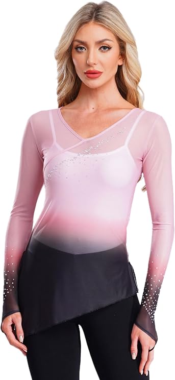 Women Figure Skating Tops Ballet Dance Shirts with Symmetrical Hem Rhinestone Dance Tee for Competition