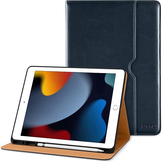 DTTO for iPad 9th/8th/7th Gen Case 10.2 Inch (2021/2020/2019), Blue | Premium Faux Leather Business Folio Stand Cover with Apple Pencil Holder - Auto Wake/Sleep and Multiple Viewing Angles