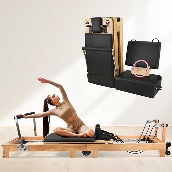 Pilates Reformer Machine, 95" Foldable Studio Grade Pilates Equipment with Adjustable Reformer Heights for Gym, Studio and Home, Oak Wood Pilates Reformer with Jump Board