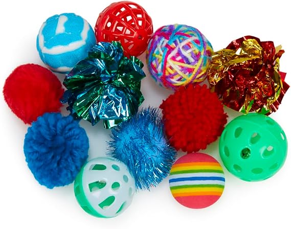 Petface Catkins Cat Ball Toys, Play Pack of 12 Assorted Balls for Indoor Cats and Kittens, Multi‑Texture Chase & Batting Toy Set