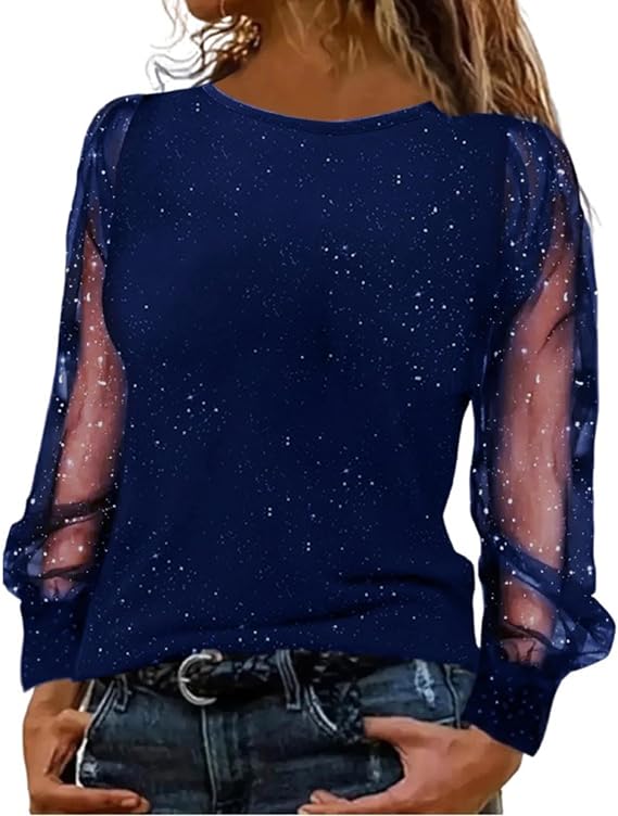 Women's Sequin Tops Party Wear Lace Mesh Sheer Long Sleeve Top Elegant Dressy Sparkly Blouse Crew Neck Sequin Tee Shirts Trendy Casual Glitter T Shirt Baggy Tunic Jumper Going Out Rave Tops Clubwear