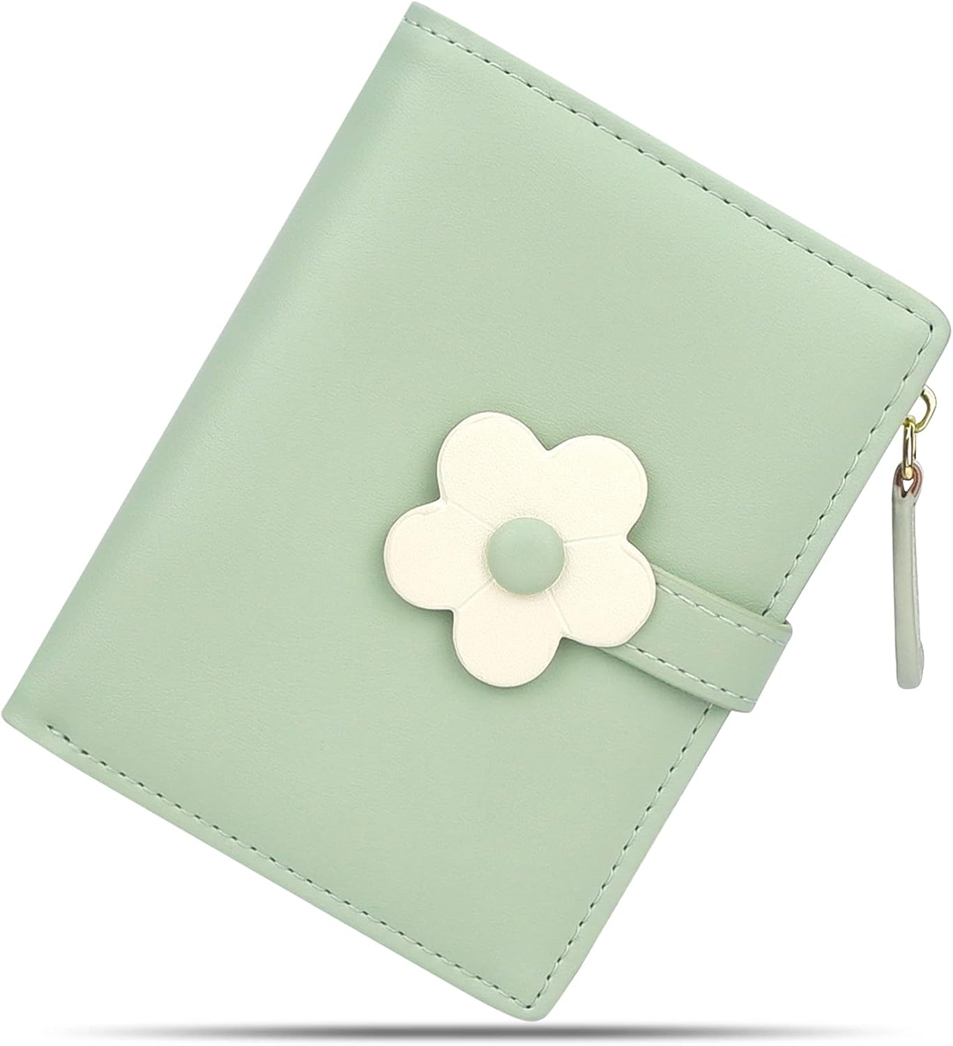 conisy Small Wallet for Women, Cute Bifold Leather Slim RFID Wallets for Women and Girls with Zipper Coin Purse Flower Green