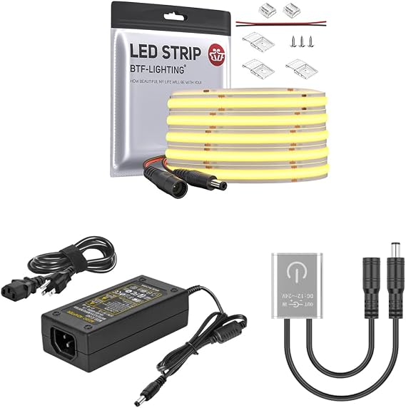 BTF-LIGHTING FCOB COB LED Strip 14W/m 16.4FT DC24V Natural White 4000K CRI 90+ 10mm Width Dimmable LED Ribbon for Indoor Decoration,Mini Touch Dimmer Switch Max3A Silver,DC24V3A Power Supply
