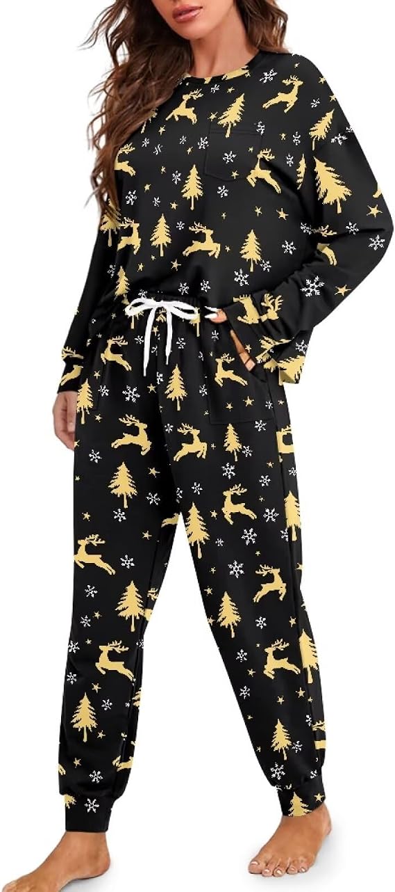 Womens Pajamas Sets Crew Neck Pj Set Long Sleeve Nightwear Drawstring Pjs Comfy Lounge Sets