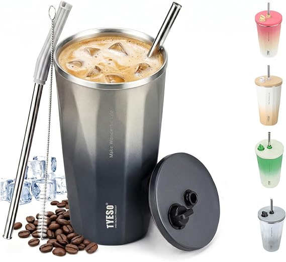 TYESO Stainless Steel Coffee Bottle, 20oz Wide Mouth Travel Coffee Cup with Straw, Vacuum Insulated Stainless Steel Tumbler, Hot & Cold Thermal Mug for Home Office Outdoor, Sliver