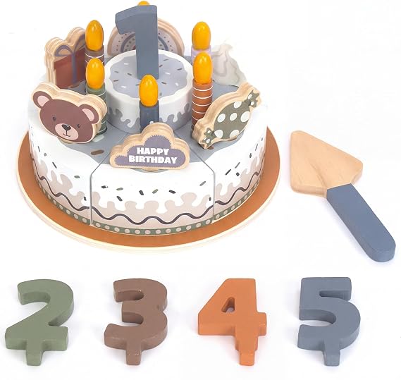 Pretend Play Food for Toddlers 2-5,Wooden Birthday Fake Cake with Candles and Numbers,Tea Party Learning Kitchen Gift Toys for Boys Girls (Grey Cake)