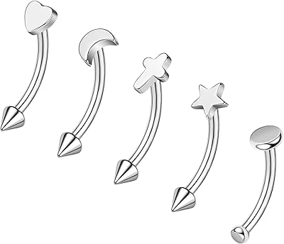 ZS 5Pcs Stainless Steel Eyebrow Rings, 16G Curved Belly Rings Navel Barbell Helix Daith Tragus Earrings Spike Vertical Labret Lip Piercing Jewelry