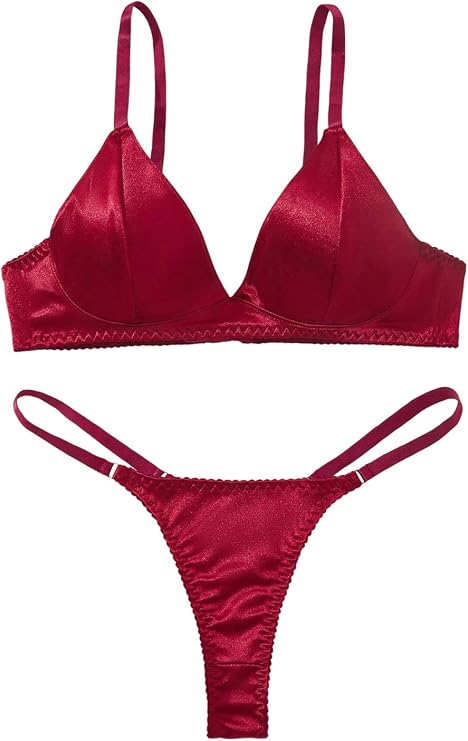 SHENHE Women's Satin 2 Piece Triangle Lingerie Bra Panty Thong Set