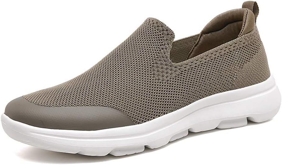 Puxowe Men's Slip On Walking Tennis Shoes Comfortable Athletic Boat Memory Foam Deck Travel Sneaker Khaki Size 10 US