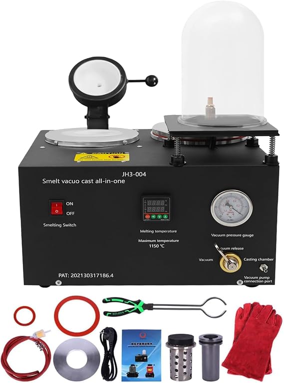 2KG Vacuum Casting Machine with 1500W Gold Melting Furnace, 3-in-1 Jewelry Lost Wax Cast Kit, 2102F Digital Electric Smelter with Built-in 4CFM Vacuum Pump & Graphite Crucible for Gold Silver Copper
