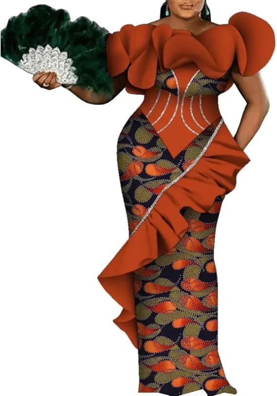 BAZINRICHE African Ankara Dresses for Women Sleeveless Flower Neck Dresses Party Wedding Long Dashiki Dress