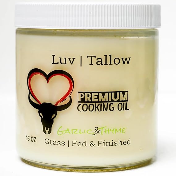 LuvTallow 100% Suet Grass-Fed Cooking Tallow 16oz (Garlic & Thyme)