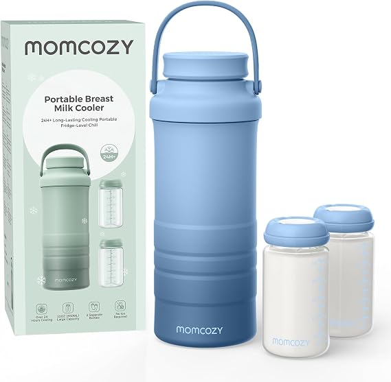 Momcozy 22oz Portable Breastfeeding Cooler for Outdoor Lifesaver 360° Total Cooling 24 Hours Large Capacity Travel Breast Milk Cooler with 2 Breast Milk Bottles Blue