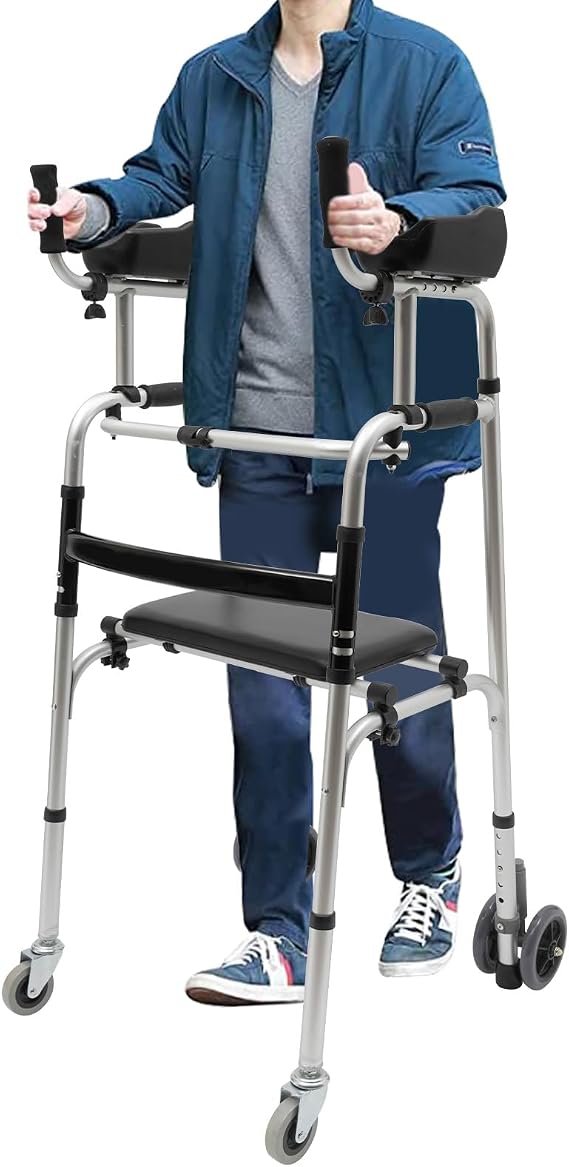 Upright Walker 100kg Capacity Adjustable Height Padded Seat Dual Mode Folding Rollator Lightweight 7kg Aluminum for Rehabilitation Arthritis Parkinson UK