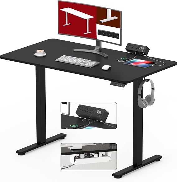 SANODESK Electric Standing Desk with Desk Clamp Power Strip 40"x 24" Whole-Piece Desktop Height Adjustable Stand Up Desk with Cable Management Sit Stand Home Office Desk Black Frame/Black Top