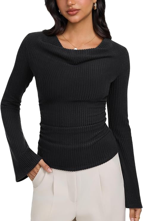 REORIA Womens Cowl Neck Ribbed Knit Long Bell Sleeve Going Out Tops Blouse