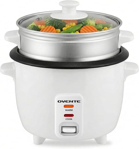 OVENTE Electric Rice Cooker and Food Steamer 5-Cup Rice Capacity, Nonstick Removable Pot, Keep Warm Function, Steaming Basket, Measuring Cup and Spatula Included, White RCS01W