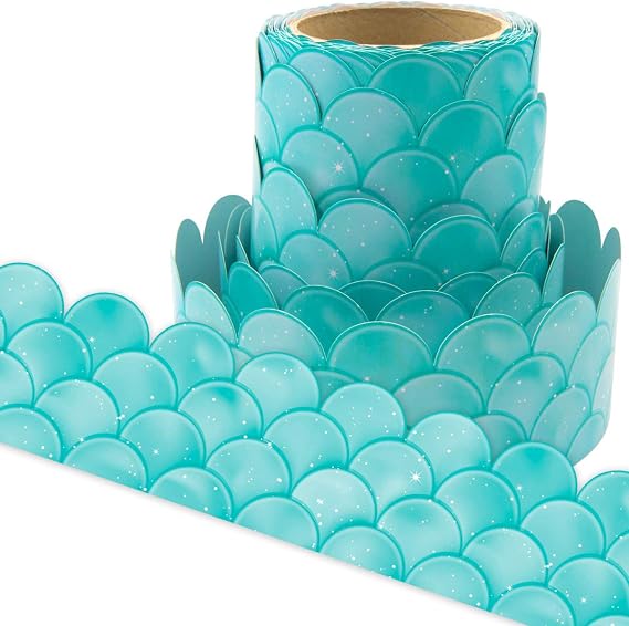 Ceiba Tree Ombre Turquoise Scallops Bulletin Board Borders | Ocean Wave, Paper Bulletin Board Trim, Summer Beach Themed, Back to School Classroom Decor, Chalkboard, Whiteboard, 36Feet