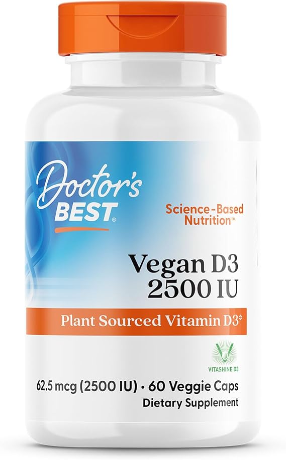 Doctors Best Vegan Vitamin D3 2500 IU Veg Caps, 60 Veggie Capsules | Vegan Vitamin D Supplement for Men & Women, Helps Support Calcium Absorption, Heart Health & Immune Support