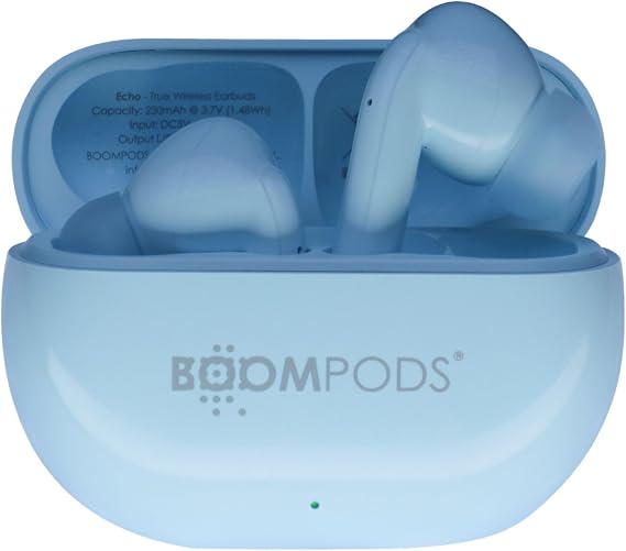 Boompods Echobuds Gerçek Kablosuz Kulaklık - Dahili Mikrofonlu Bluetooth Kulak Tomurcukları, 19 Saat Çalma Süresi, Geri Dönüştürülmüş Plastikten Kulak İçi Kulaklıklar, Müzik ve Çağrılar için IPX4 Suya