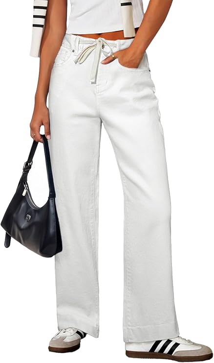 Sidefeel Women's High Waisted Straight Leg Jeans Drawstring Denim Pants