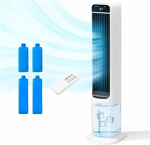 Portable Evaporative Air Cooler, 2 in 1 Swamp Cooling Tower Fan with Remote, 4 Ice Packs, 50 Oscillation, 12H Timer, 3 Speeds 3 Modes, Fans That Blow Cold Air for Home Bedroom Office, White